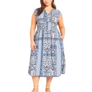 OLD NAVY Waist-Defined Midi Dress Sz XXL Blue White Mosaic Patterned Sleeveless